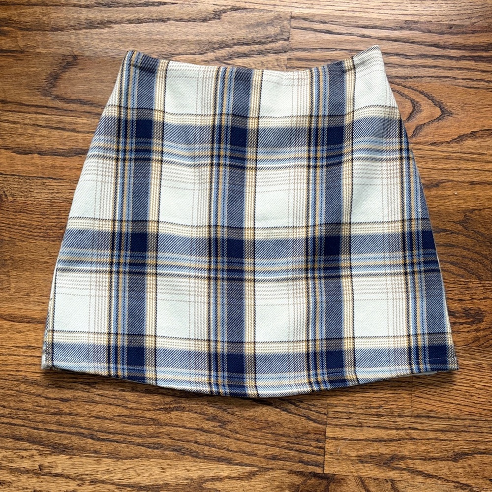 Blue Rain Plaid Mini Skirt in Blue and Tan